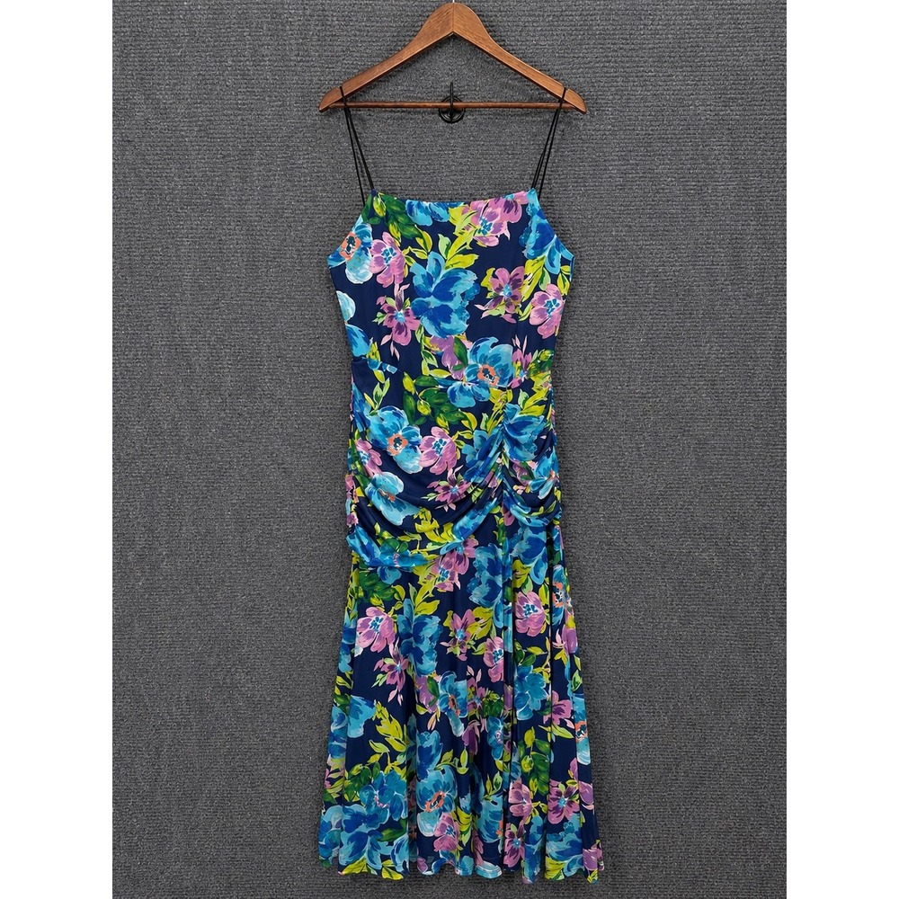 AQUA Blue Floral Midi Dress Ruched Side Garden Party Cocktail Dress XXL